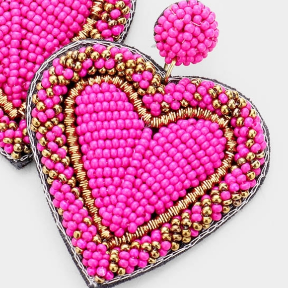 Fuchsia Pink Beaded Heart Earrings Seed  Dangle Drop Fashion Jewelry Accessory - Picture 2 of 2